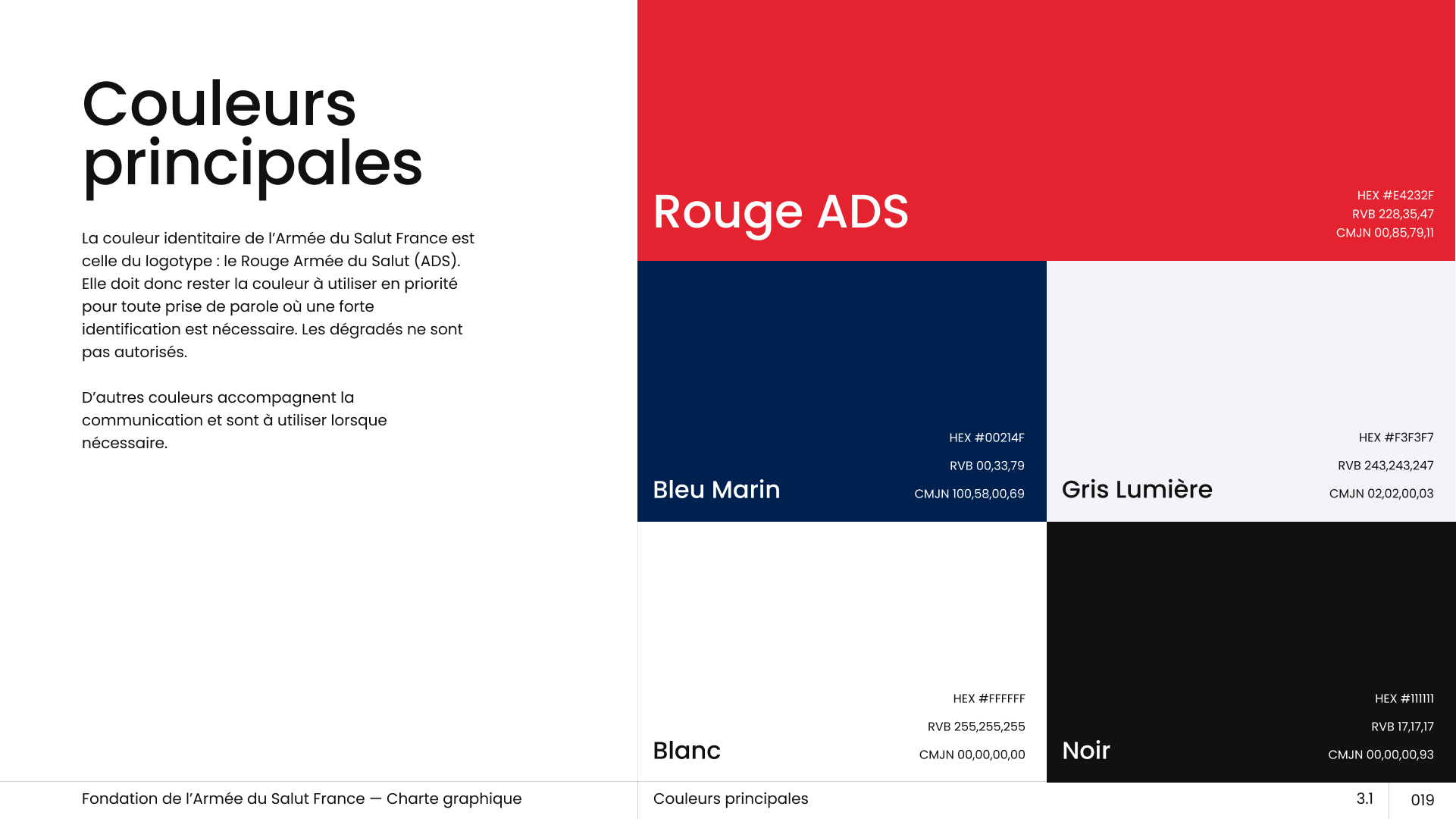 Couleurs principales de la charte graphique de l'Armée du Salut